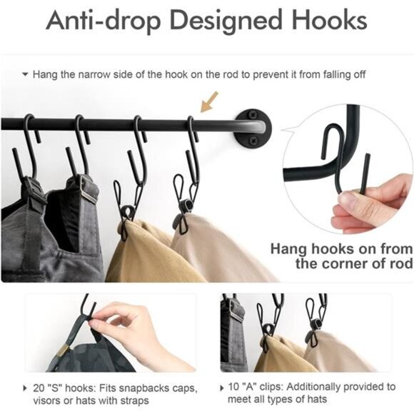 Hat Rack for Wall Baseball Cap Organizer Hanger with 20 Hooks Modern - Picture 4 of 14